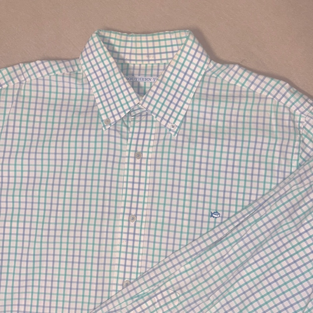 Southern Tide . Casual dress shirt/button down . XL . White w/ green/blue plaid